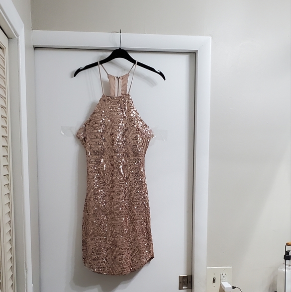 Golden Champagne Sequined Glitter Cutout Evening Mini Dress 👗 - Picture 2 of 15